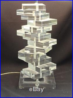 FABULOUS LARGE SIGNED MARLU MODERN 70s SPACE AGE STACKED BLOCK LUCITE TABLE LAMP