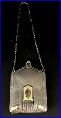 FMCO Antique Art Deco Guilloche Enamel Silver Tone Compact Wristlet Dance Purse
