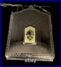 FMCO Antique Art Deco Guilloche Enamel Silver Tone Compact Wristlet Dance Purse