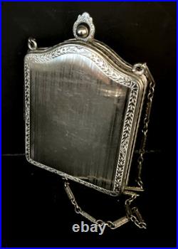 FMCO Antique Art Deco Guilloche Enamel Silver Tone Compact Wristlet Dance Purse