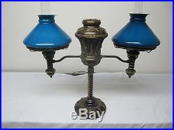 Fabulous Double Tiffany Student Lamp With A Matched Pr. Of Blue Period Shades