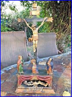Fantastic Antique German Ca. 1880 Carved Wood Victorian Crucifixion Group