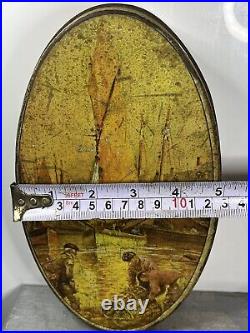 Fishermen in a Shipping Village Antique EMPTY Collectible Tin Container Display