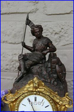 French antique 19th clock Brass Spelter bronze Jeanne darc knight figurine
