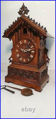 German Black Forest Carved 8-Day Twin Fusee Bracket Cuckoo Clock Beha 510