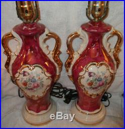 Gorgeous Antique Pair Victorian Ceramic Porcelain Floral Painted Table Lamps