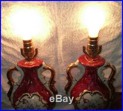 Gorgeous Antique Pair Victorian Ceramic Porcelain Floral Painted Table Lamps