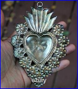 HUGE Antique Sterling Silver SACRED HEART MIRACLE EX VOTO DEVOTIONAL VOW C11