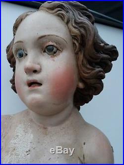 HUGE, antique 18th C. Wooden baby jesus, polychromed wood, glass eyes, Santos, 32 H