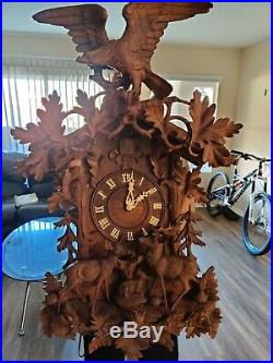 Immaculate Antique Hand Carved Huge Black Forest Cuckoo Clock -Made In Germany