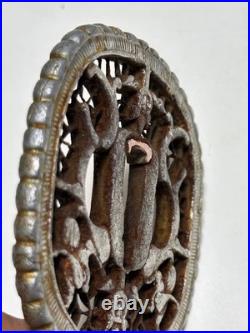 Iron Metal Nanban Tsuba with Ssangyong Watermark for Collection Antique Used