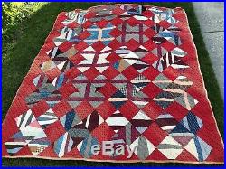 LARGE Antique/Vintage handquilted Quilt, Triangles 76 x 88 sq, Blue/red/brown