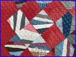 LARGE Antique/Vintage handquilted Quilt, Triangles 76 x 88 sq, Blue/red/brown