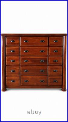 Large 15 Drawer Solid Wood Dresser Chest Dark Cherry Brown Apothecary Style