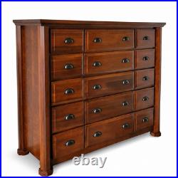Large 15 Drawer Solid Wood Dresser Chest Dark Cherry Brown Apothecary Style