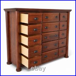 Large 15 Drawer Solid Wood Dresser Chest Dark Cherry Brown Apothecary Style