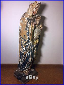 Large 43 Rare Antique Hand Carved Wood Our Lady Mary Madonna & Jesus Statue