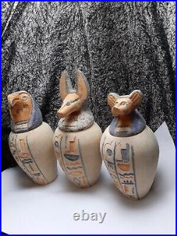 Large Antique Canopic Jars Egyptian pharaonic Set of 3 Decorative Stone 17 cm