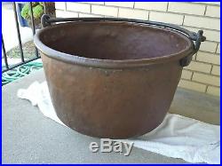 Large antique copper apple butter kettle cauldron pot with iron handle