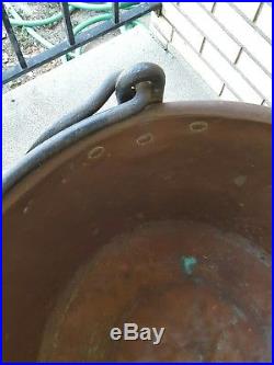 Large antique copper apple butter kettle cauldron pot with iron handle