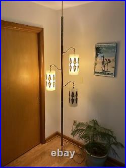 Mid Century Modern Tension Pole Lamp Wood 3 Lights Works Perfectly Beautiful
