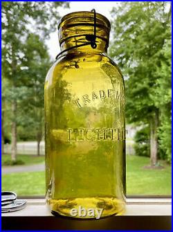 NR Antique HG Fruit Jar Trademark Lightning PALE Yellow Olive, 1880s, Rare