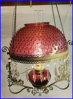 Old Antique Victorian 1880's Hanging Cranberry Copper Kerosene Oil Lamp Light