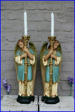 PAIR antique archangel plaster statue candle holder church altar religious