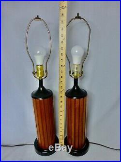 Pair (2) Mid Century Modern Vintage GRUVWOOD Lamps Walnut Black Metal Eames Era