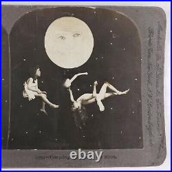 Paper Moon Man Stereoview c1900 Keystone Pipe Children Stars Night Sky O288