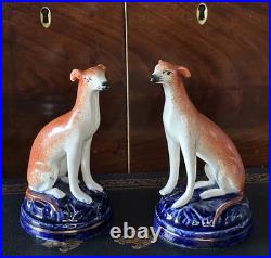 Pretty Pair of 19C Antique Staffordshire Dog Greyhound/Whippets Cobalt Bases 4