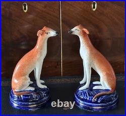 Pretty Pair of 19C Antique Staffordshire Dog Greyhound/Whippets Cobalt Bases 4