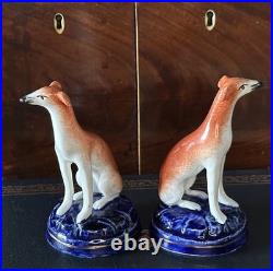Pretty Pair of 19C Antique Staffordshire Dog Greyhound/Whippets Cobalt Bases 4