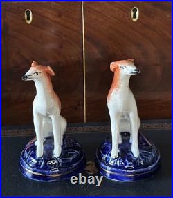 Pretty Pair of 19C Antique Staffordshire Dog Greyhound/Whippets Cobalt Bases 4
