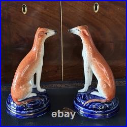 Pretty Pair of 19C Antique Staffordshire Dog Greyhound/Whippets Cobalt Bases 4