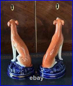Pretty Pair of 19C Antique Staffordshire Dog Greyhound/Whippets Cobalt Bases 4