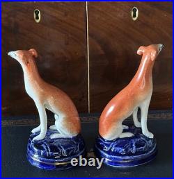 Pretty Pair of 19C Antique Staffordshire Dog Greyhound/Whippets Cobalt Bases 4