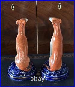 Pretty Pair of 19C Antique Staffordshire Dog Greyhound/Whippets Cobalt Bases 4