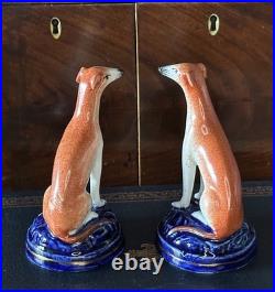 Pretty Pair of 19C Antique Staffordshire Dog Greyhound/Whippets Cobalt Bases 4 Pretty Pair of 19C Antique Staffordshire Dog Greyhound/Whippets Cobalt Bases 4