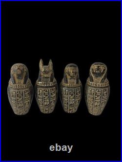 RARE ANCIENT EGYPTIAN ANTIQUITIES 4 Stone Box Canopic Jars with Hieroglyphics