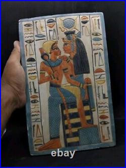 RARE ANCIENT EGYPTIAN ANTIQUITIES Stela Relief for Isis Embraces King Ramses III