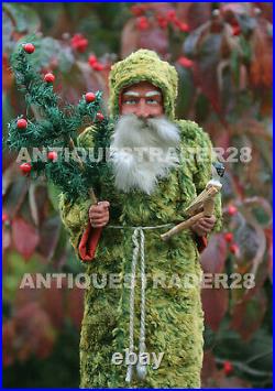RARE ANTIQUE 17 GERMAN SANTA CHRISTMAS CANDY CONTAINER GREEN MOHAIR COAT c1910