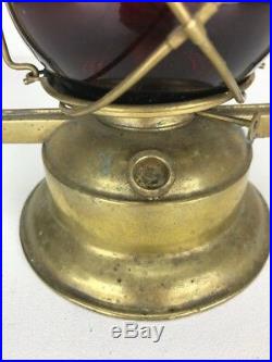 RARE Antique 1888 Dietz #0 Brass Square Tubular Kerosene Oil Lantern Red Glass