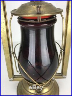RARE Antique 1888 Dietz #0 Brass Square Tubular Kerosene Oil Lantern Red Glass