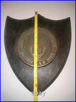 RARE Antique Cornell University Bronze & Wood Antique Wall Hanging Shield Plaque