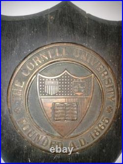 RARE Antique Cornell University Bronze & Wood Antique Wall Hanging Shield Plaque