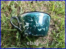 RARE EARLY GREEN CHRYSOLITE SWIRL CUP HEAVY Graniteware Enamelware ANTIQUE