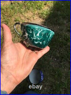 RARE EARLY GREEN CHRYSOLITE SWIRL CUP HEAVY Graniteware Enamelware ANTIQUE