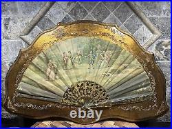 RARE VINTAGE Gold WOOD Figural People FAN Florentine Italy ITALIAN Antique