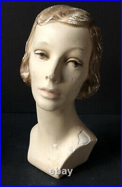 RARE Vintage WOMAN Female Mannequin HEAD Plaster BUST Antique Display Chalk ware
